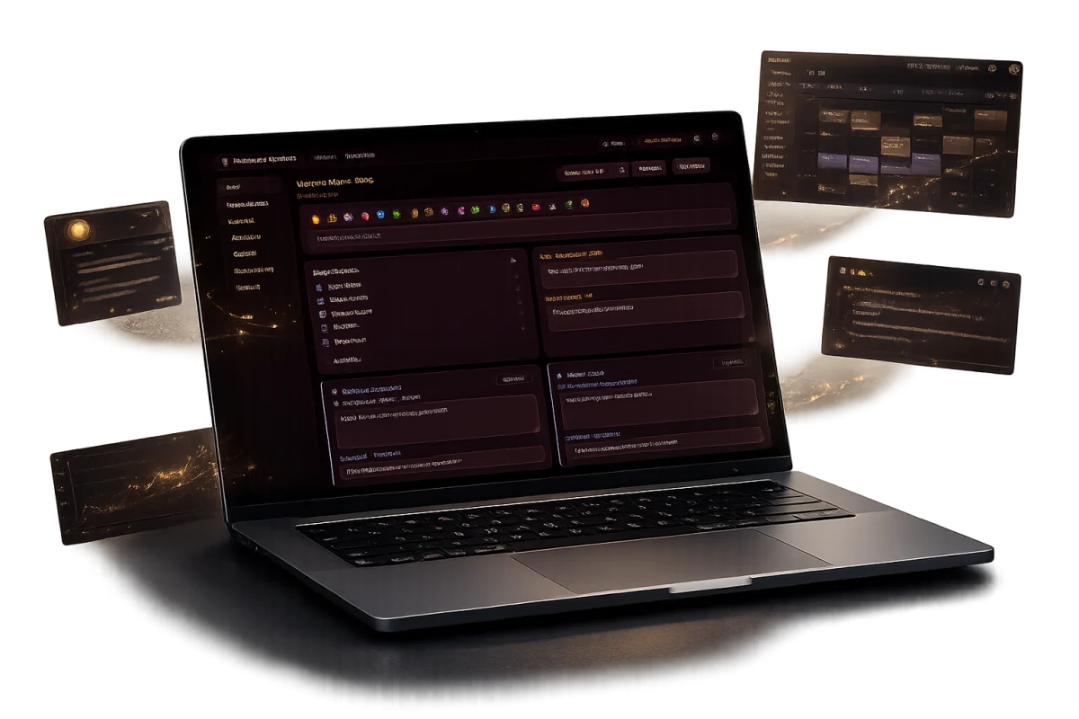 The I.M. Second Brain — laptop showing Daily Pillar Pages with floating calendar, AI Coach, and financial pulse panels